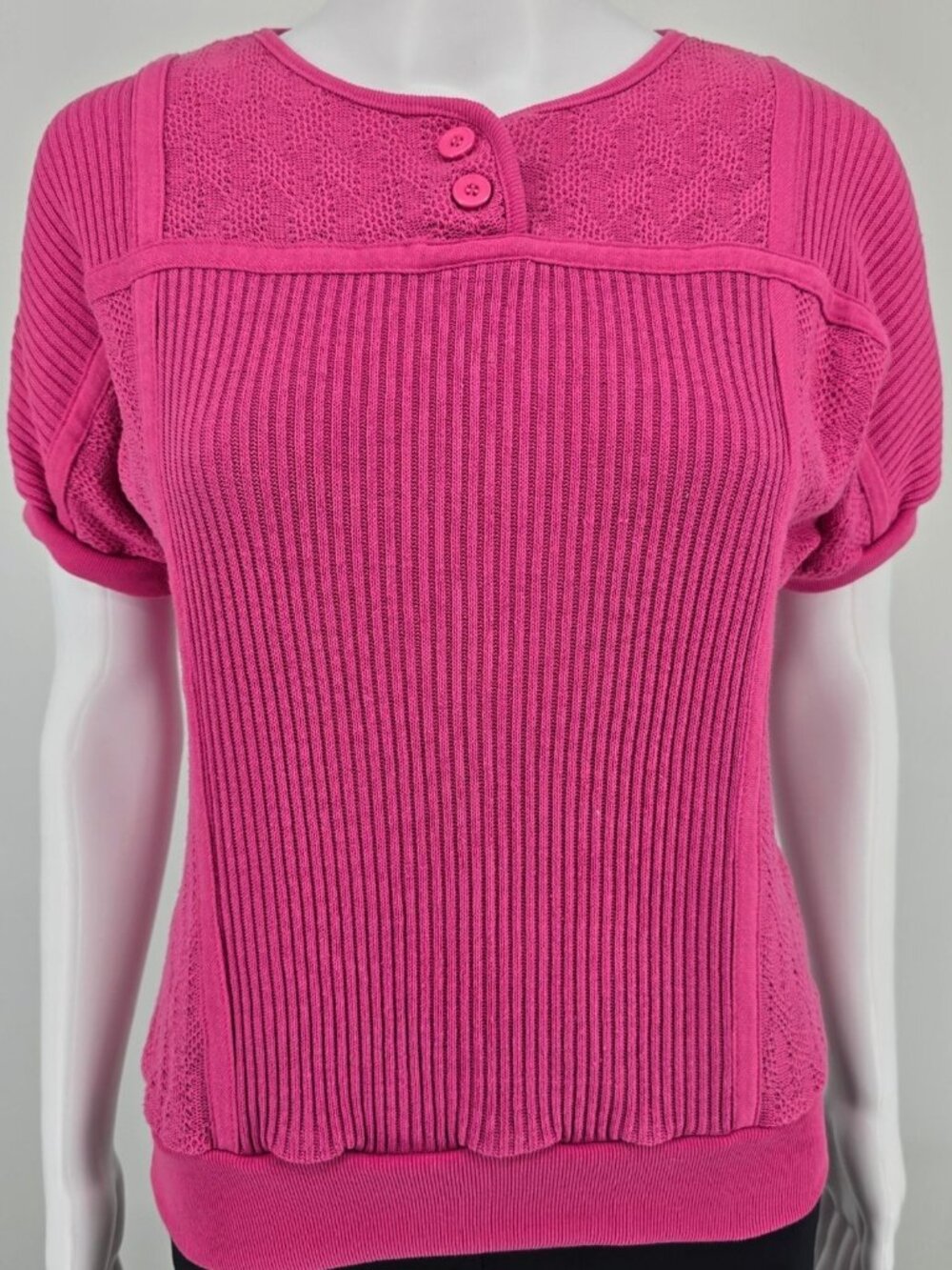 Vintage 1980s Presentation Pink Mixed Knit Short Sleeve Pullover Top (M)